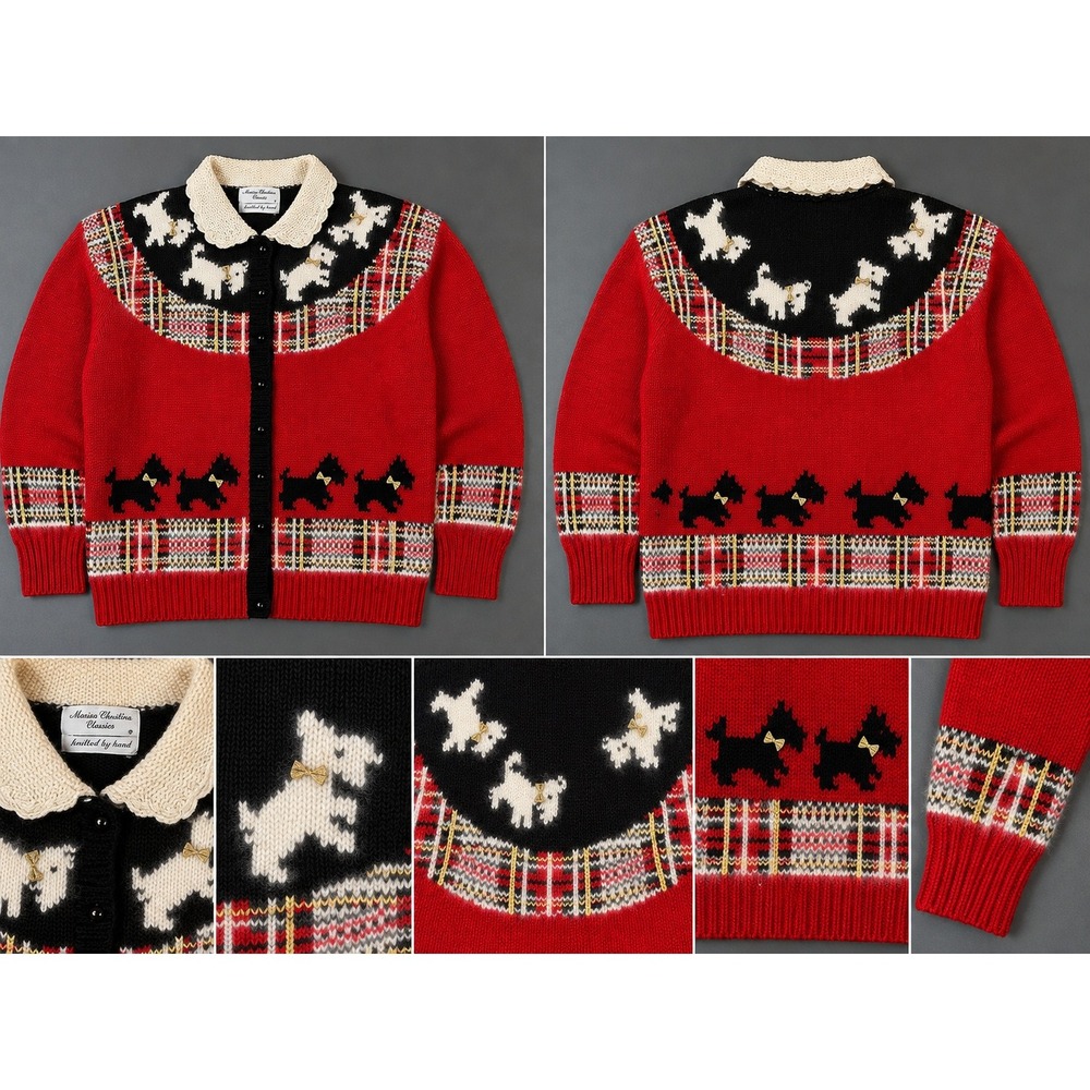 Marisa Christina Classics Scottie Dog Plaid Hand Knit Cardigan Red Small